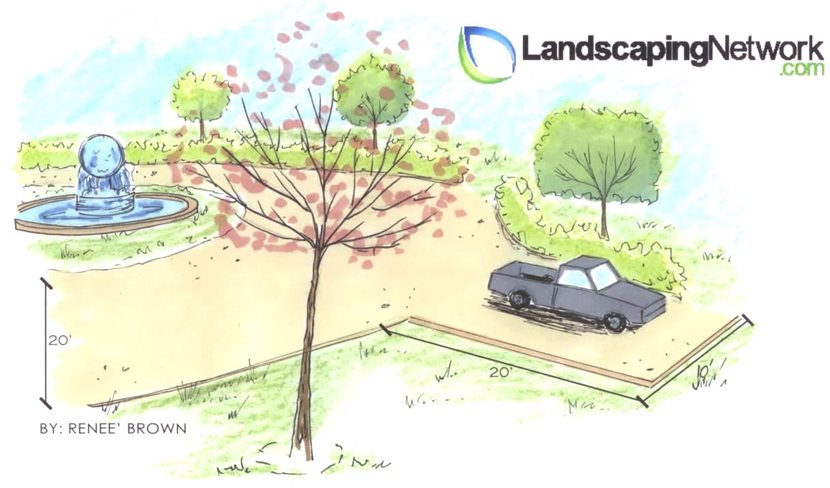 This drawing shows a circular driveway wide enough for two cars and 